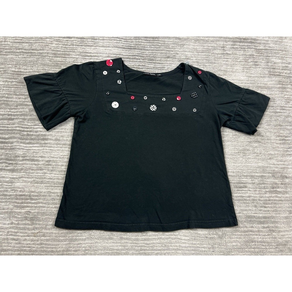 Dana Taylor Top Womens Large Black Square Neck Cotton‎ Shortsleeve